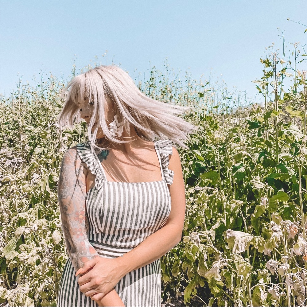 Gray and white striped jumper